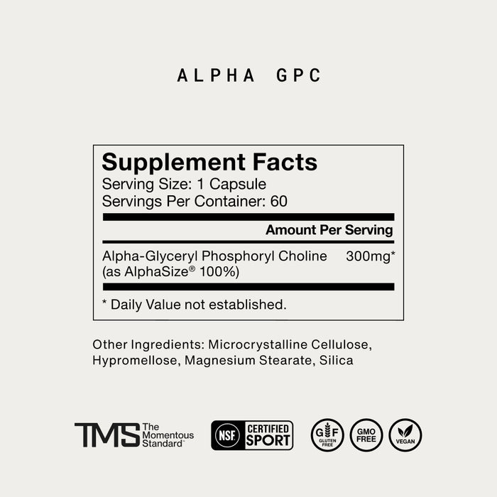 “Supplement facts label for Alpha GPC showing serving size 1 capsule, 60 servings per container, and 300 mg of Alpha-Glyceryl Phosphoryl Choline (as AlphaSize 100%) per serving. Other ingredients include microcrystalline cellulose, hypromellose, magnesium stearate, and silica. Includes certifications: NSF Certified Sport, gluten free, GMO free, and vegan.”