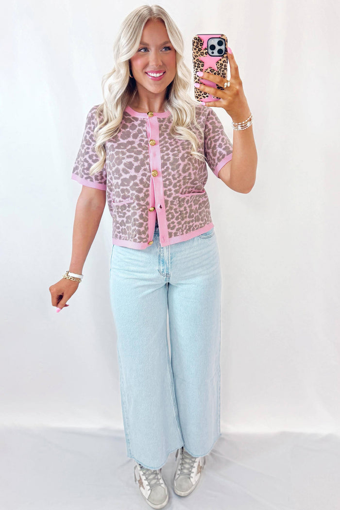 Pink Leopard Button Down Short Sleeve Sweater Cardigan 🇺🇸
