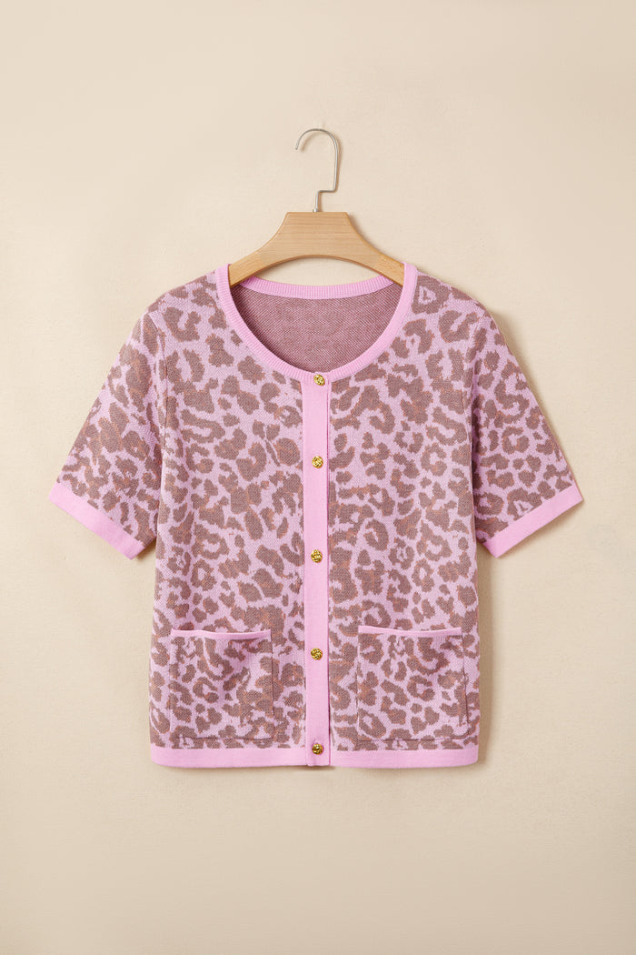 Pink Leopard Button Down Short Sleeve Sweater Cardigan 🇺🇸