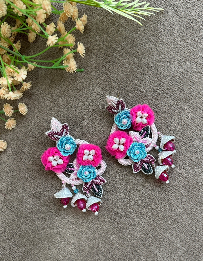 Pink & Turquoise Handmade Floral Beaded Jhumka Earrings