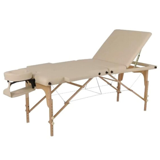 E005M Portable Massage Bed | Beige massage table with wooden frame on a white background