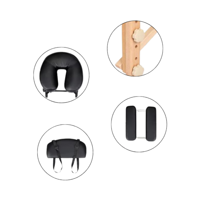 E005D Black Wooden Portable Massage Bed | A foldable and height-adjustable black PVC massage table with beech wood legs, including an adjustable headrest and armrests.