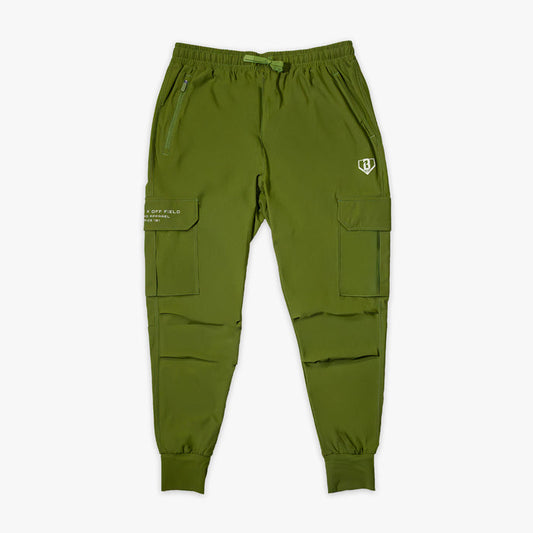 Olive green jogger cargo pants with drawstring waist, zippered pockets, utility cargo pockets, and white BL101 embroidered logo on side
