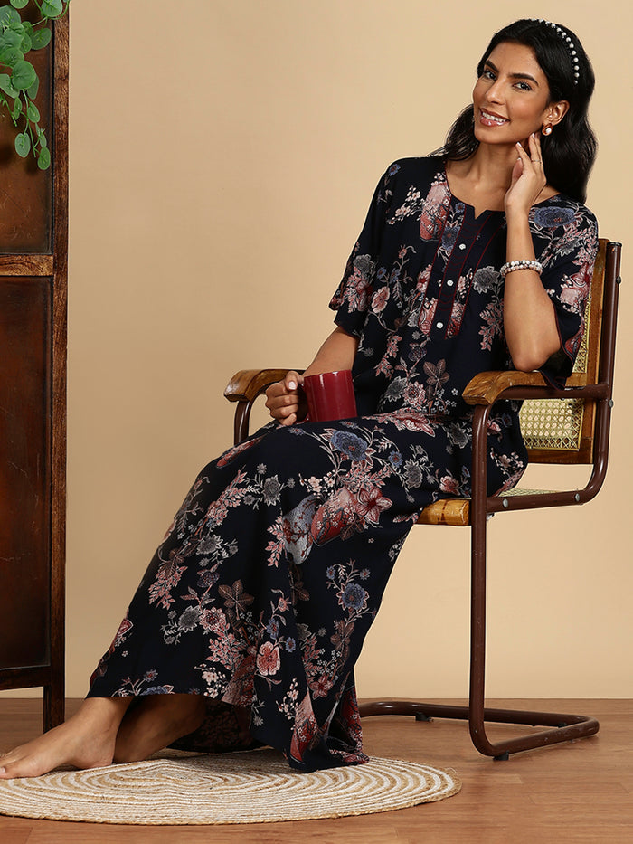 Rayon Navy Floral Branded Night Dress For Women with Pocket
