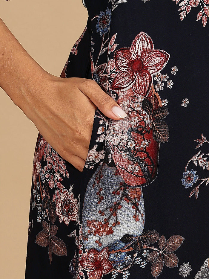 Rayon Navy Floral Branded Night Dress For Women with Pocket