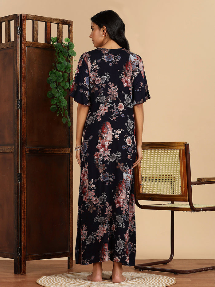 Rayon Navy Floral Branded Night Dress For Women with Pocket