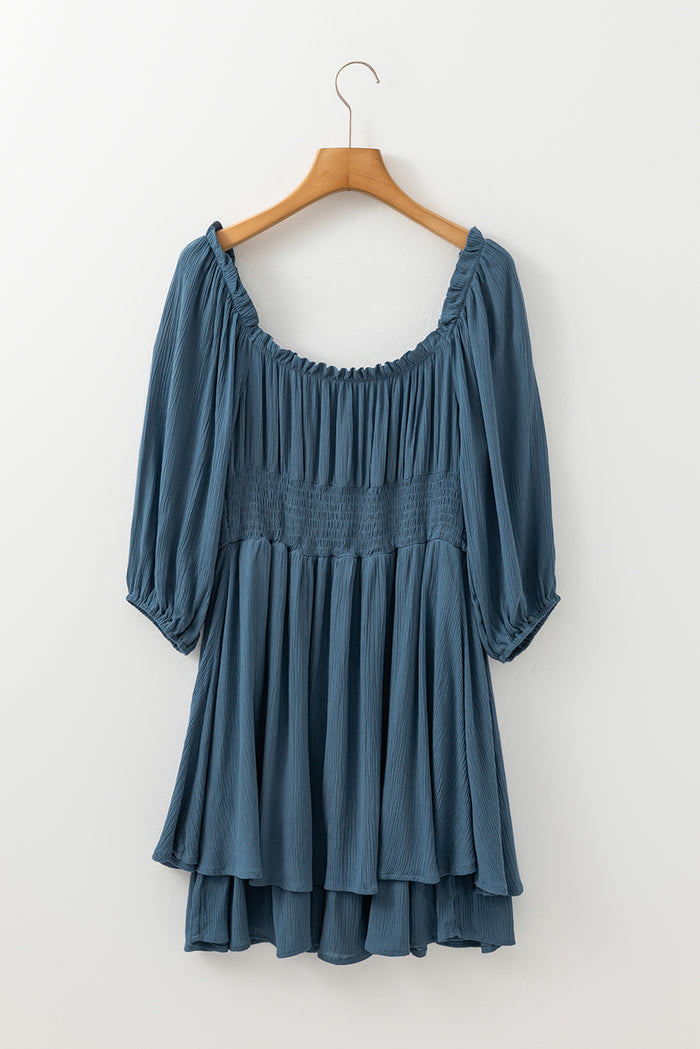 Real Teal Frilled Neckline 3/4 Sleeve Layered Ruched Mini Dress 🇺🇸