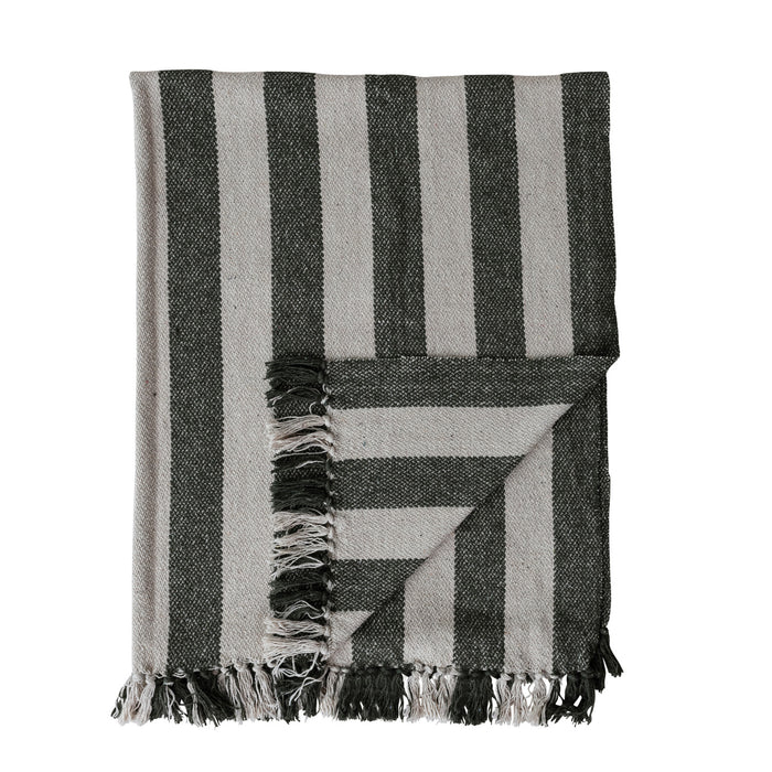 Recycled Cotton Blend Knit throw with Fringe -Natural/Green