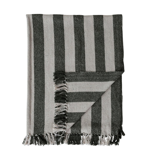 Recycled Cotton Blend Knit throw with Fringe -Natural/Green