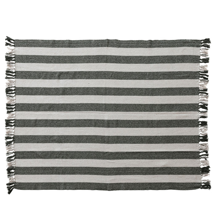 Recycled Cotton Blend Knit throw with Fringe -Natural/Green