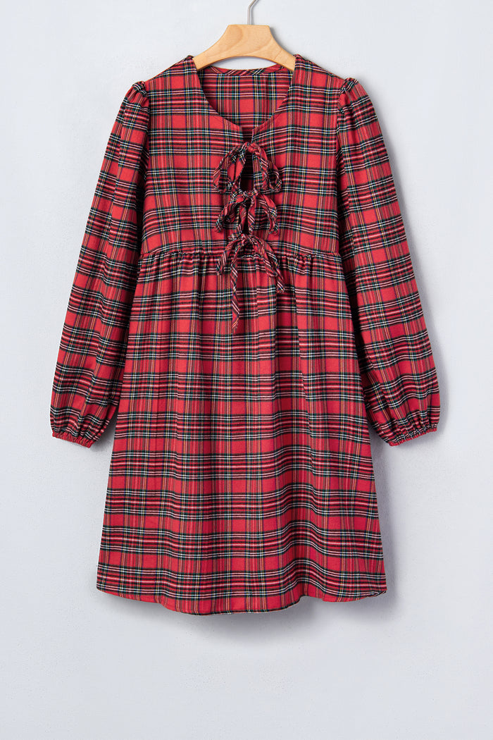 Red Plaid Tie Front Long Sleeve Short Shift Dress 🇺🇸