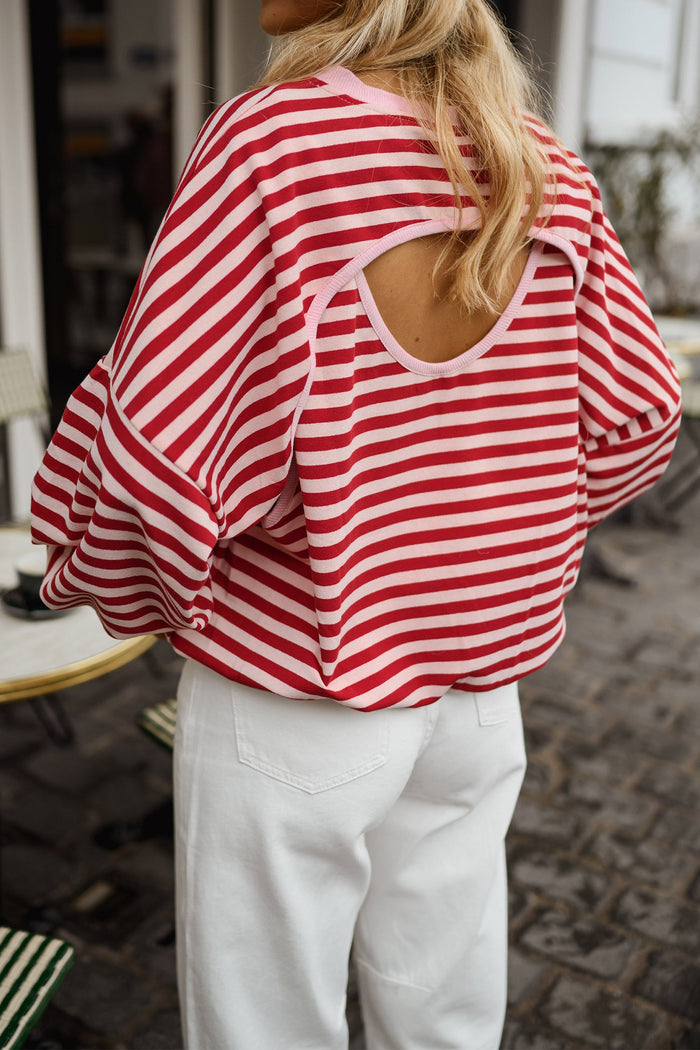 Red Stripe Cutout Open Back Long Sleeve Loose Top 🇺🇸