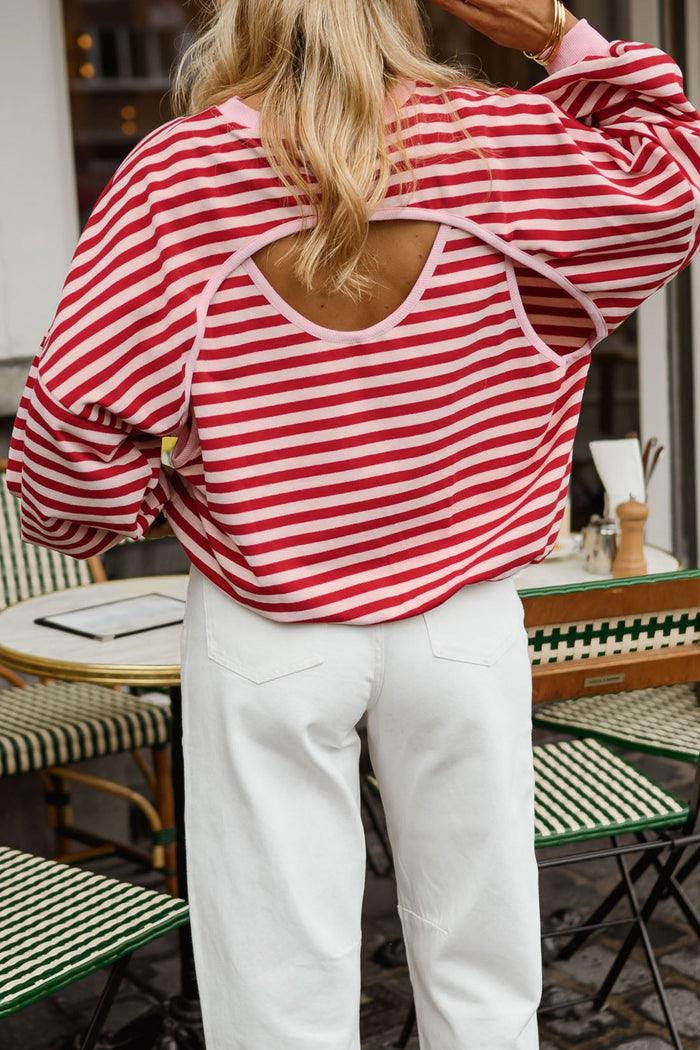 Red Stripe Cutout Open Back Long Sleeve Loose Top 🇺🇸