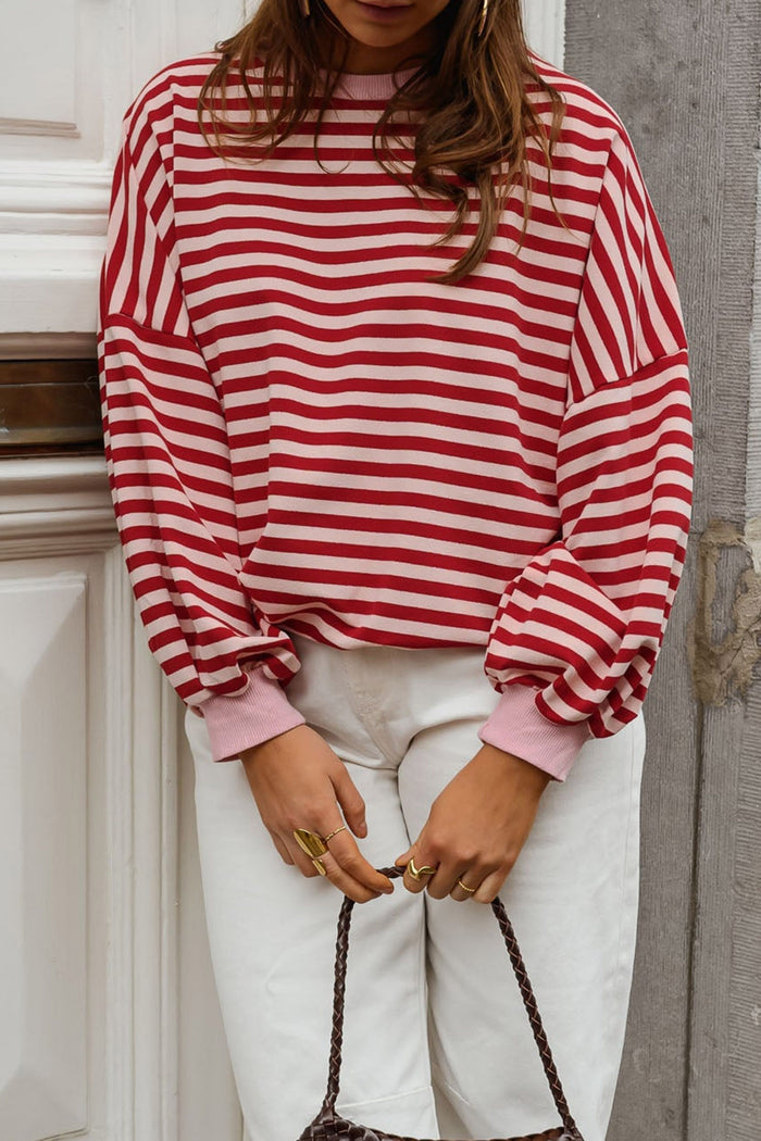 Red Stripe Cutout Open Back Long Sleeve Loose Top 🇺🇸