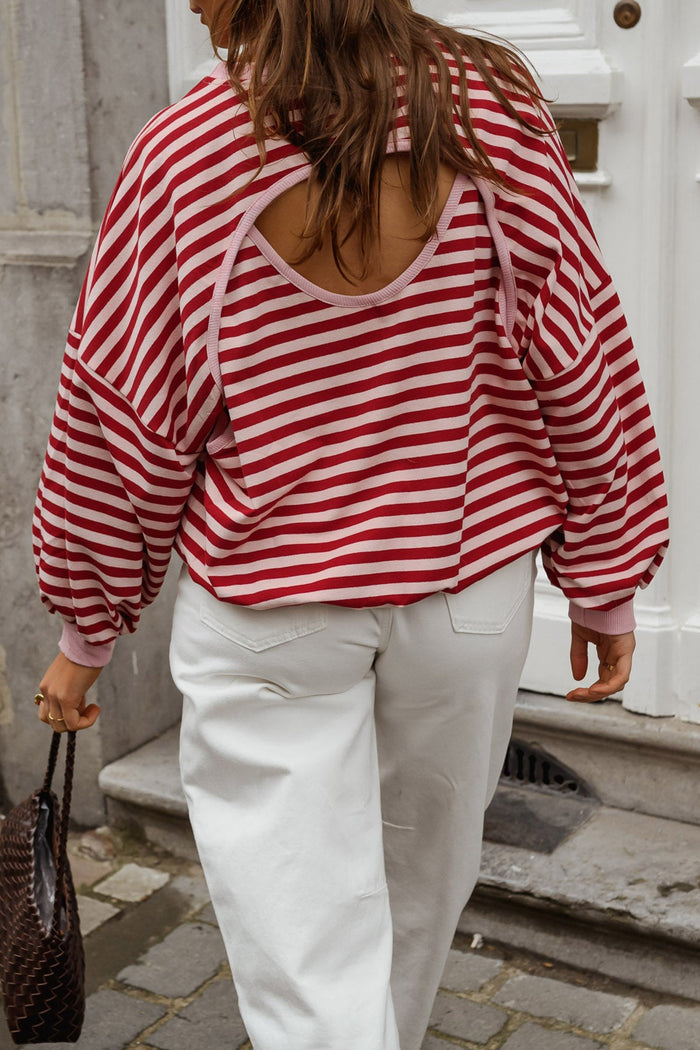 Red Stripe Cutout Open Back Long Sleeve Loose Top 🇺🇸