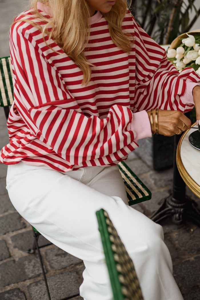 Red Stripe Cutout Open Back Long Sleeve Loose Top 🇺🇸
