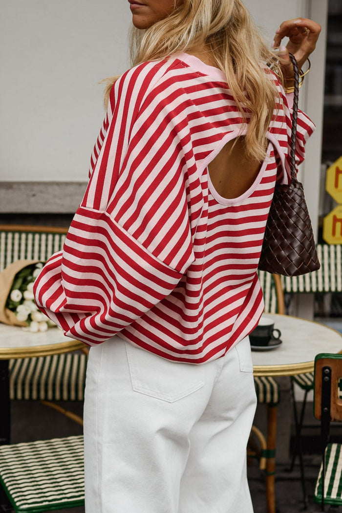 Red Stripe Cutout Open Back Long Sleeve Loose Top 🇺🇸