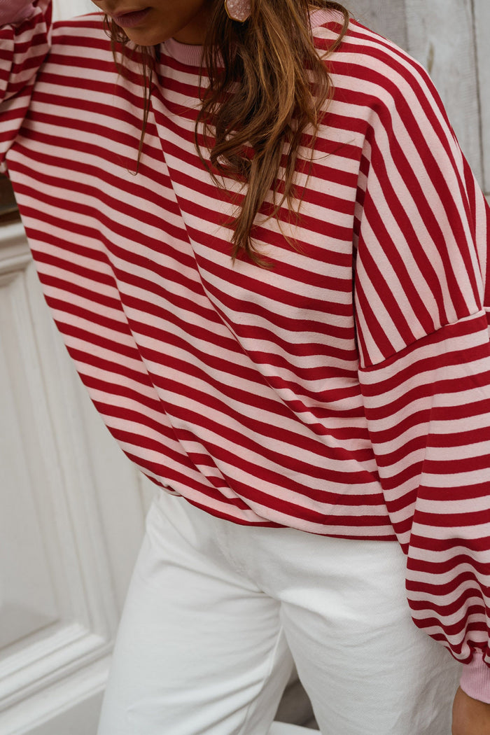 Red Stripe Cutout Open Back Long Sleeve Loose Top 🇺🇸