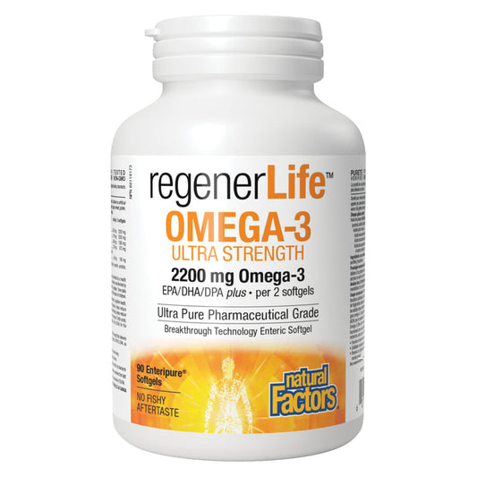 Bottle of Natural Factors RegenerLife Omega-3 Ultra Strength 2200mg Omega-3 90 Enteripure Softgels
