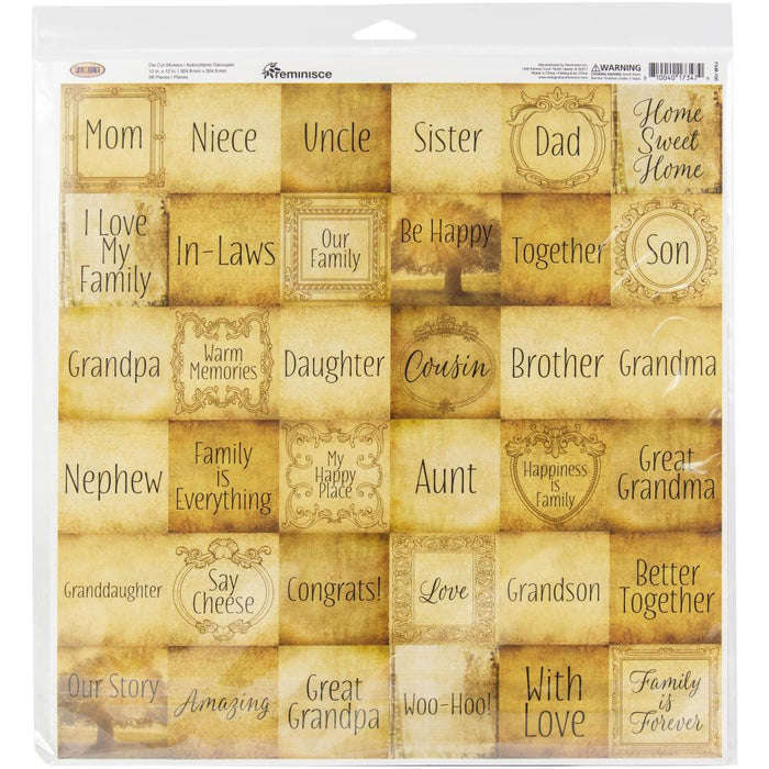 Reminisce - Collection Kit 12x12 - Family. This package includes 8 12x12/2 of each design and one 36 piece die cut Sticker Elements Sheet. Available at Embellish Away located in Bowmanville Ontario Canada.