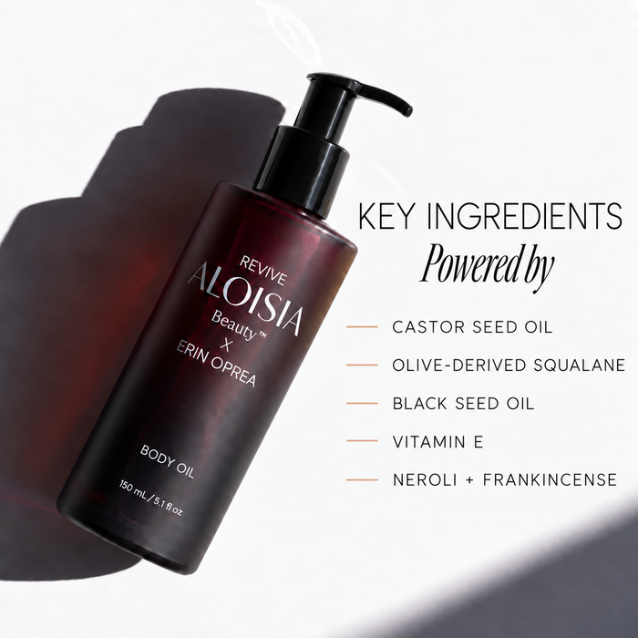 REVIVE Body Oil key ingredients: castor seed oil, olive-derived squalane, black seed oil, vitamin E, neroli and frankincense