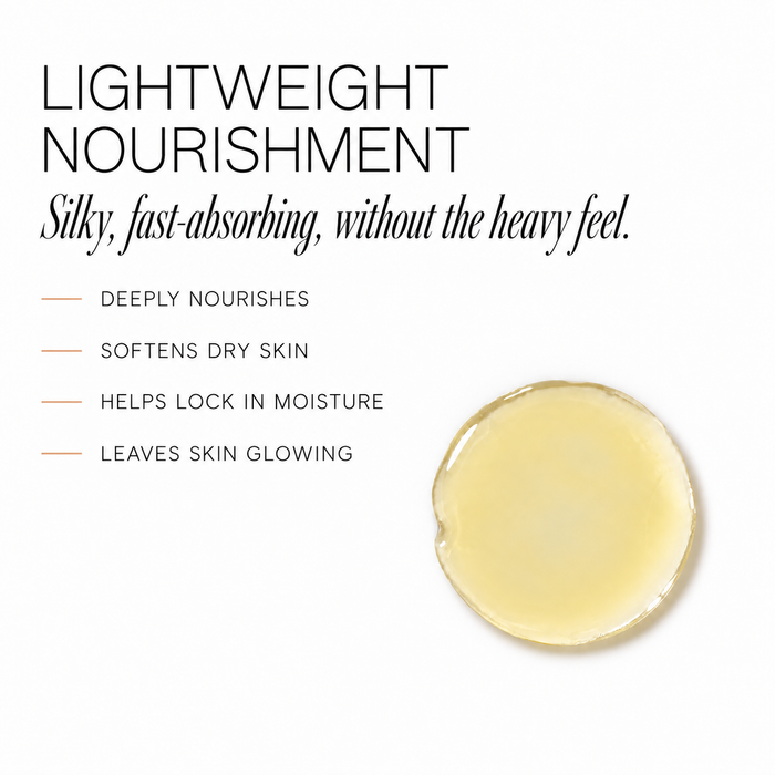 REVIVE Body Oil texture swatch with benefits: deeply nourishes, softens dry skin, helps lock in moisture, leaves skin glowing
