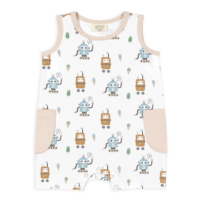 front of ice cream robots sleeveless shortie pocket romper made of organic jersey