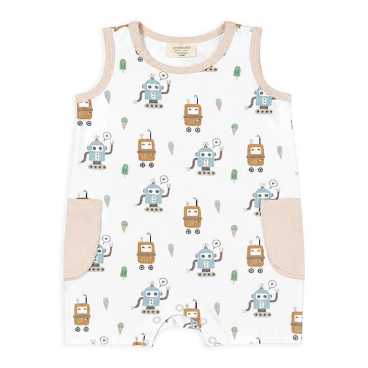 front of ice cream robots sleeveless shortie pocket romper made of organic jersey