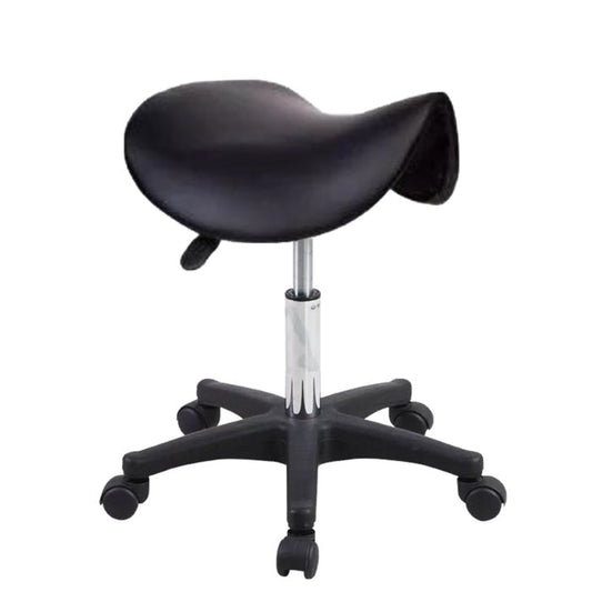E009B - Black Therapist Saddle Chair | A black PVC leather therapist manicure saddle stool with a five-star nylon-base and gas lift mechanism, featuring a black frame and castors for mobility.