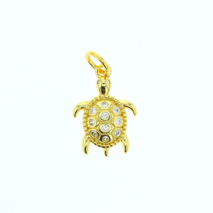 Gold-tone sea turtle CZ charm with clear gemstone eyes and ring bail