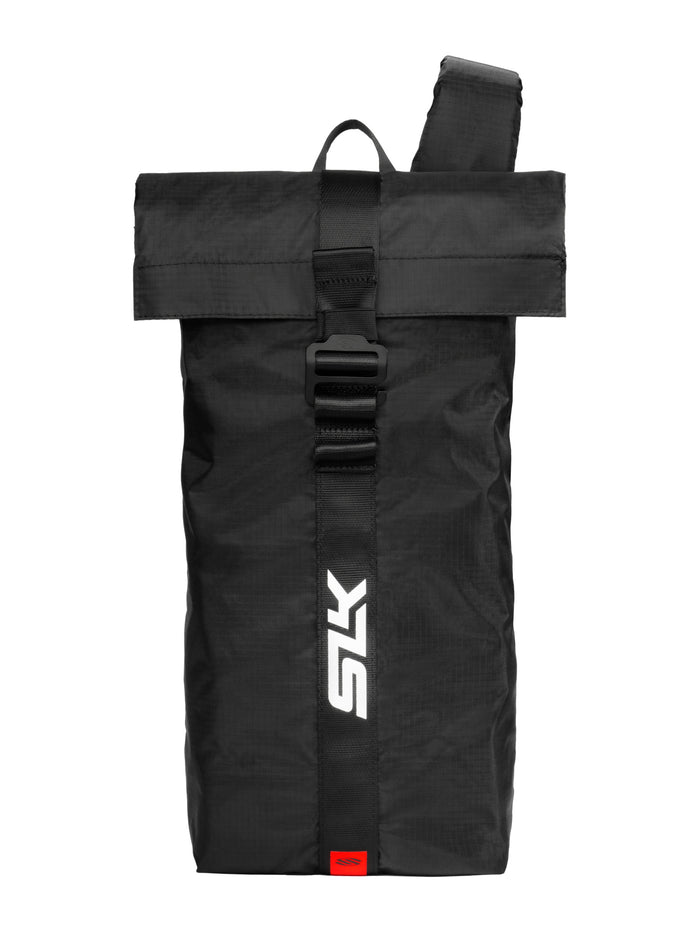 Front view of SLK roll-top backpack with center buckle strap and vertical white SLK logo on white background