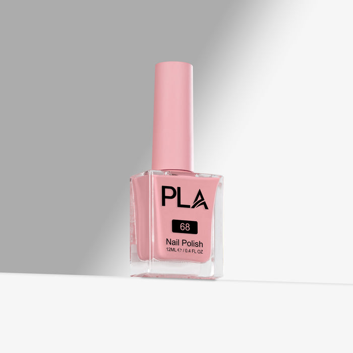 Pink nail polish bottle with 'PLA' branding on a gray background