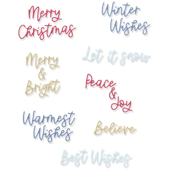 Sizzix - Thinlits Dies By Lisa Jones - 14/Pkg - Variety Sentiments #2. Perfect for adding greetings to cards and gift tags and with phrases from Merry Christmas and Let it Snow to Best Wishes and Believe. Available at Embellish Away located in Bowmanville Ontario Canada.