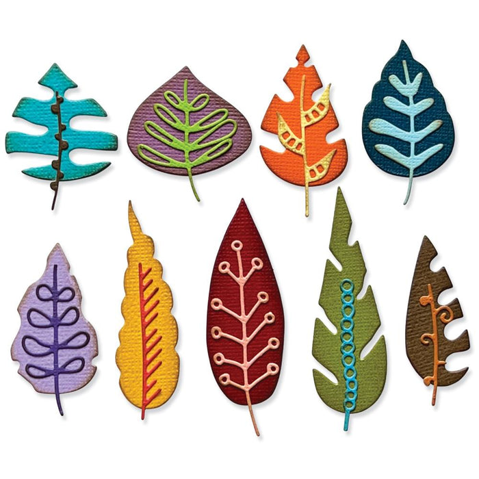 Sizzix - Thinlits Dies By Tim Holtz - 18/Pkg - Artsy Leaves. Inspired by all things autumnal, in Tim's signature style, these beautiful leaf shapes are perfect to work as the center of your project, or for adorning seasonal makes. Available at Embellish Away located in Bowmanville Ontario Canada. Example by brand ambassador.
