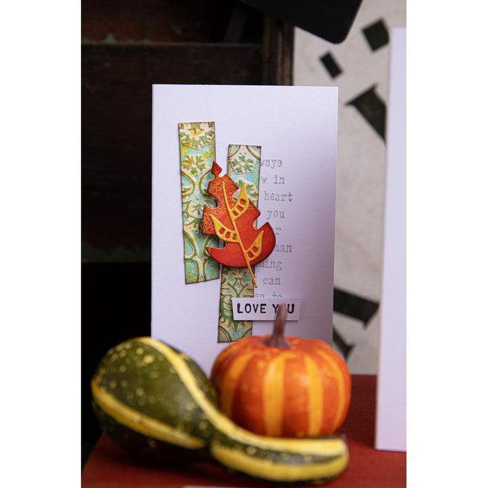 Sizzix - Thinlits Dies By Tim Holtz - 18/Pkg - Artsy Leaves. Inspired by all things autumnal, in Tim's signature style, these beautiful leaf shapes are perfect to work as the center of your project, or for adorning seasonal makes. Available at Embellish Away located in Bowmanville Ontario Canada. Example by brand ambassador.
