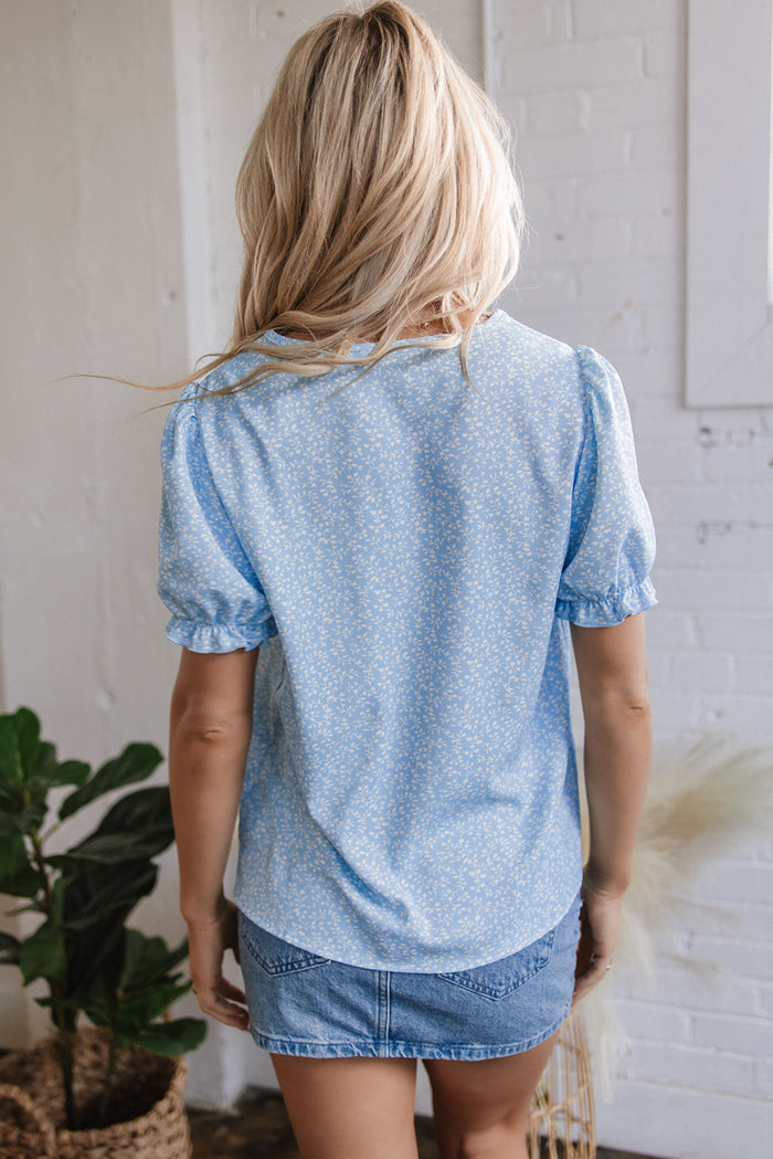 Sky Blue Floral Embroidered Puff Sleeve Notched V Neck Blouse 🇺🇸