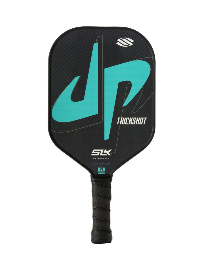 Pickleball paddle face with JP logo, TRICKSHOT, SLK BY SELKIRK, SLKPICKLEBALL.COM and USA