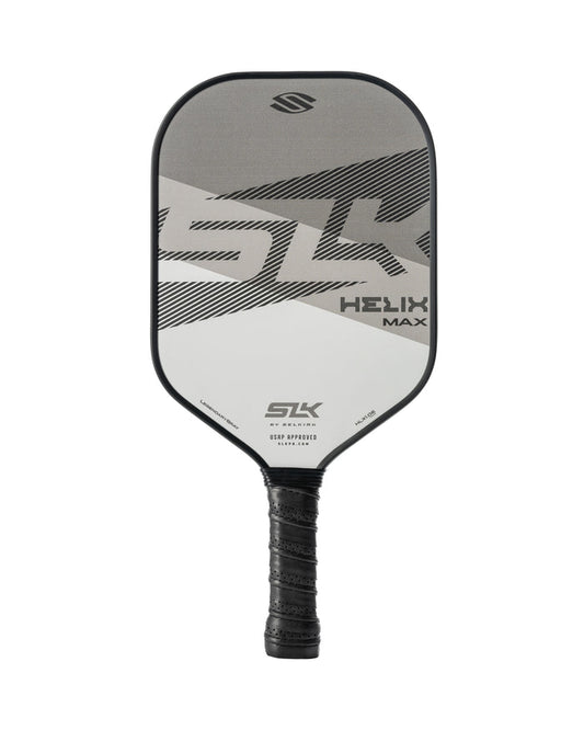 Gray SLK Helix Max pickleball paddle; visible text: SLK, HELIX MAX, SLK BY SELKIRK, USAPA APPROVED, SLKPB.COM