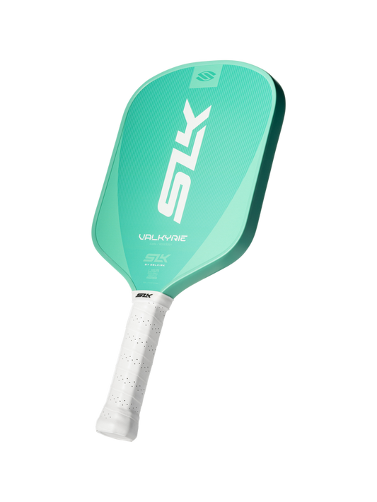 Angled view of Valkyrie pickleball paddle showcasing jade-green textured face, white perforated grip, and SLK logo on a dark background