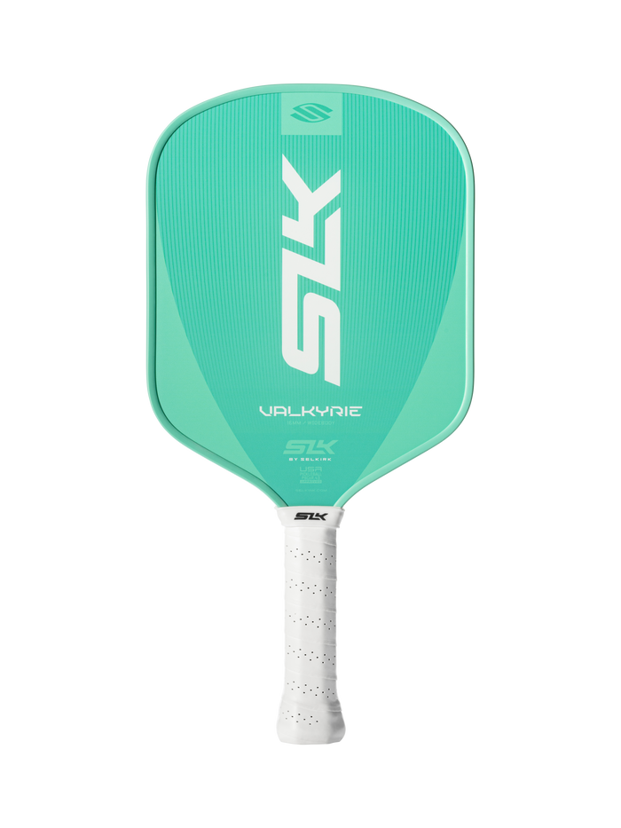 Teal pickleball paddle with white grip; bold vertical 'SLK' and smaller 'VALKYRIE' branding on face.