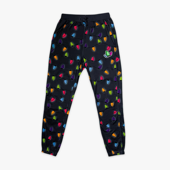 Black jogger pants with colorful Christmas lights