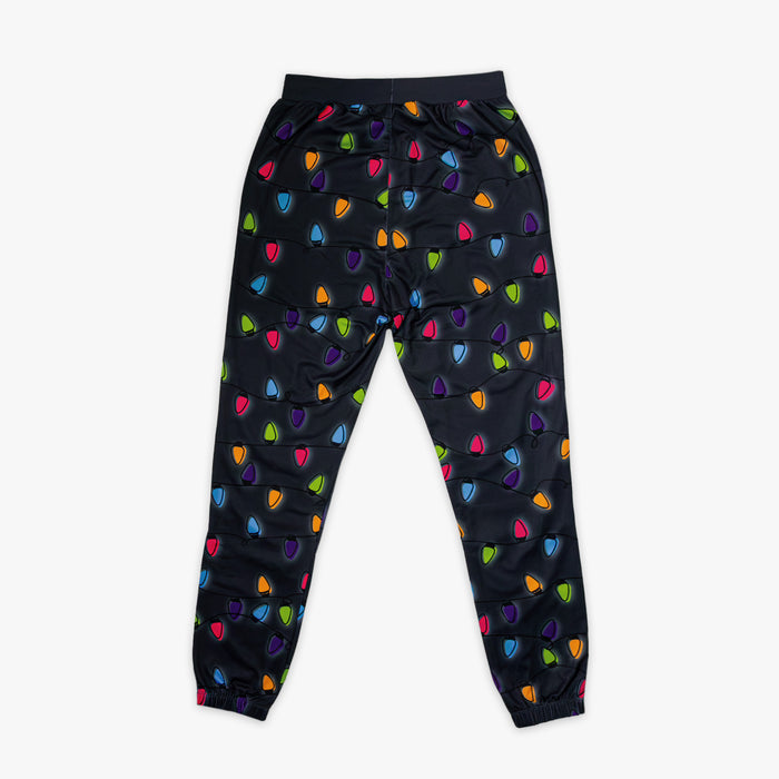 Black jogger pants with colorful Christmas lights