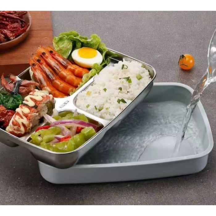 Stainless steel lunch tray with insulated outer shell for temperature retention