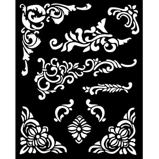 Stamperia - Stencil 7.87"X9.84" - Vintage Library - Corners & Embellishments. Available at Embellish Away located in Bowmanville Ontario Canada.