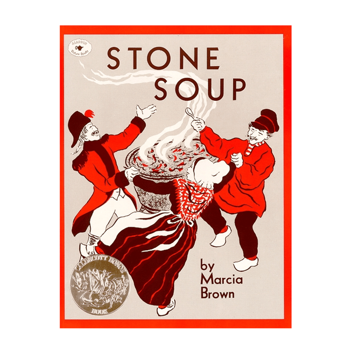 Book cover of 'Stone Soup' by Marcia Brown featuring three characters sharing soup.