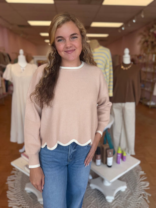 Taupe Scallop Hem Sweater