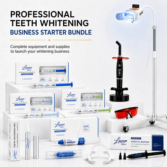 Professional teeth whitening starter kit with LED machine, treatment gels and supplies for estheticians and med spas
