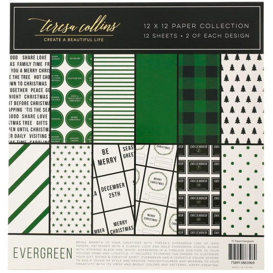 Teresa Collins - Paper Collection 12"X12" - Evergreen. This package includes 12 Sheets, 2 of each. Available at Embellish Away located in Bowmanville Ontario Canada.