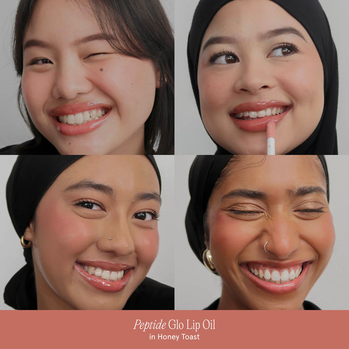 Model applying Velvet Vanity Peptide Glo Lip Oil Honey Toast for glossy, hydrated lips
