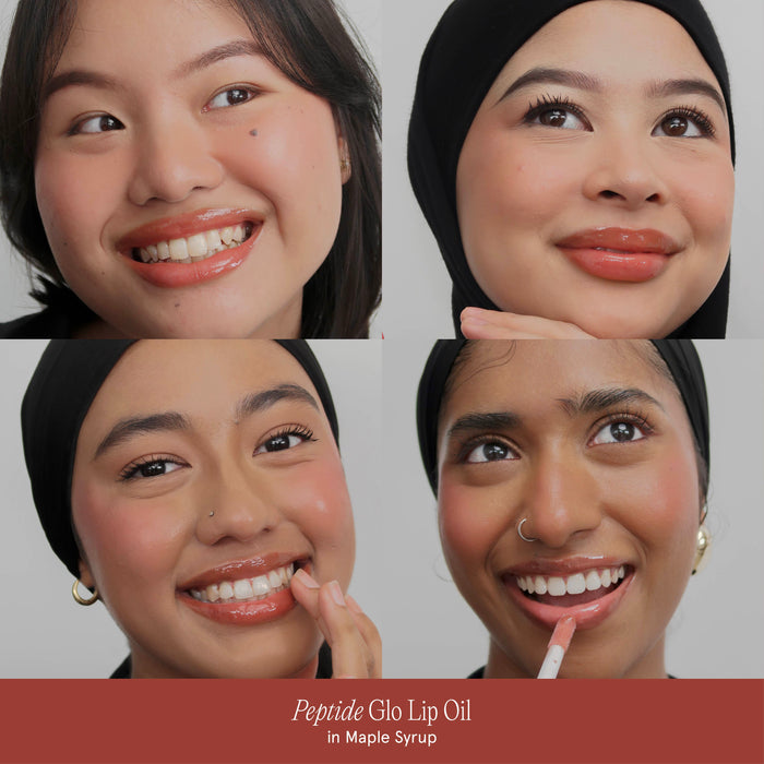 Model applying Velvet Vanity Peptide Glo Lip Oil Maple Syrup for glossy, hydrated lips